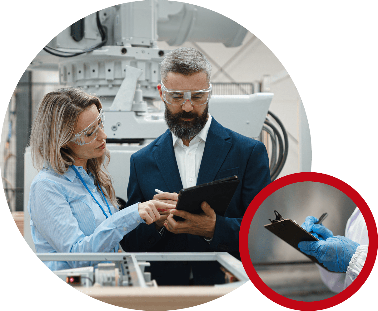 People discussing in a laboratory setting.