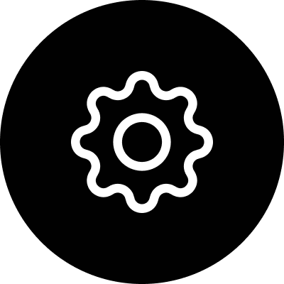 White gear icon on black background.